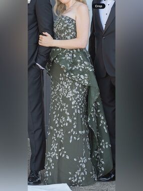 Jovani Olive Green and White Embroidered Evening Gown with Overskirt